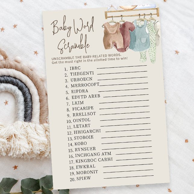 Papier Bébé Mot Scramble Boho Baby Nursery Shower Jeu (Baby Word Scramble Baby Shower game - from my Boho Baby Nursery Collection)