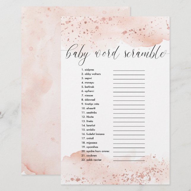 Papier Bébé mot scramble jeu aquarelle or rose (Devant / Derrière)