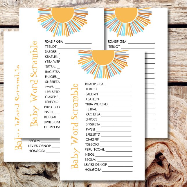 Papier Bébé Mot Scramble Retro Boho Sun Baby shower Jeu (Créateur téléchargé)