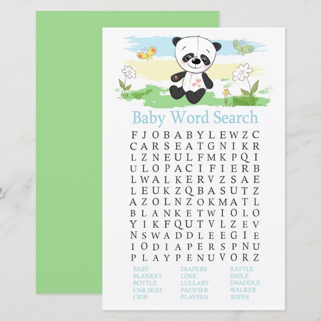 Papier Bébé panda Baby shower Word Recherche Jeu (Devant / Derrière)