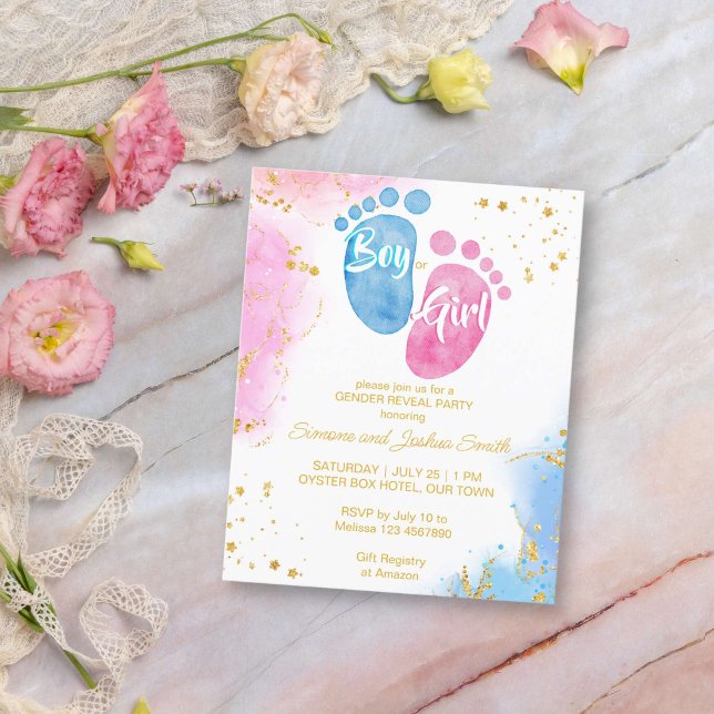 Papier Bébé pieds rose bleu sexe révéler budget invitatio (Baby feet gender reveal budget invitation pink and blue boy or girl affordable gender reveal invite)