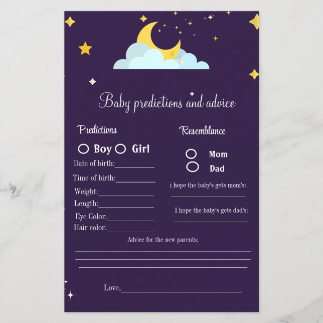 Papier Bébé prédictions et conseils jeu de baby shower (Devant)