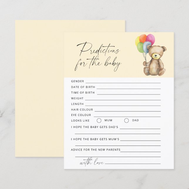 Papier Bébé prédictions et conseils Ours jeu bébé (Devant / Derrière)