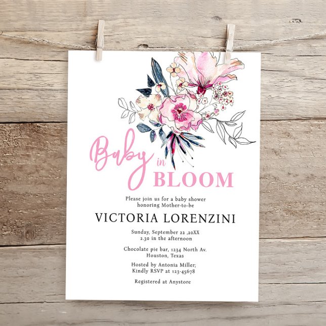 Papier Bébé rose floral en fleur Baby shower Invitation (Créateur téléchargé)