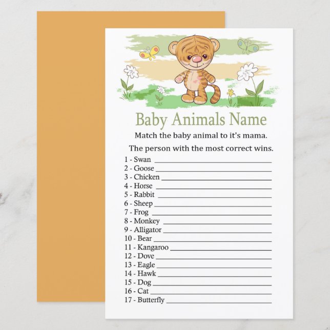 Papier Bébé Tiger mignon Animaux Nom Jeu (Devant / Derrière)