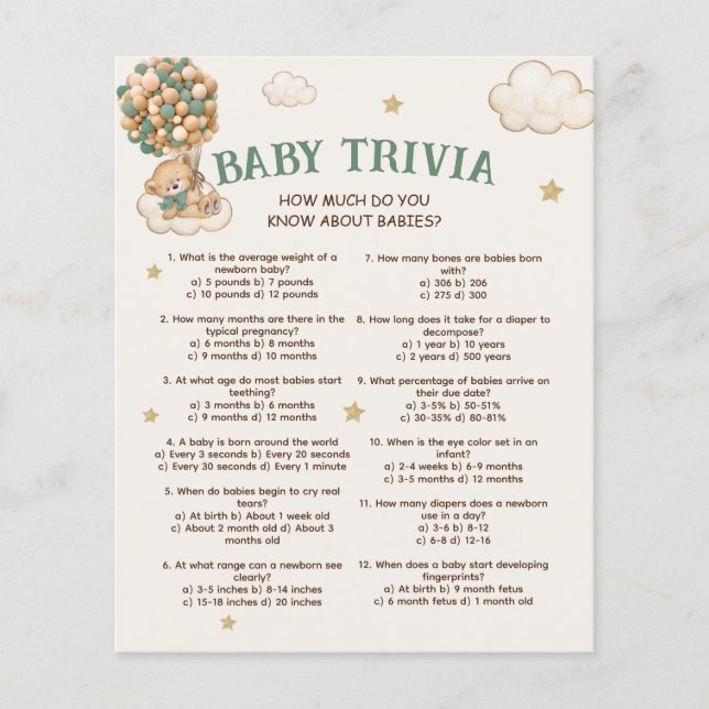 Papier Bébé Trivia Bear Balloons Baby shower Jeu (Devant)