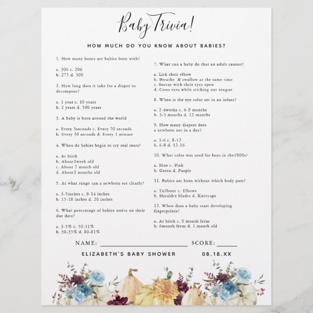 Papier Bébé Trivia | Jeu Baby shower (Devant)