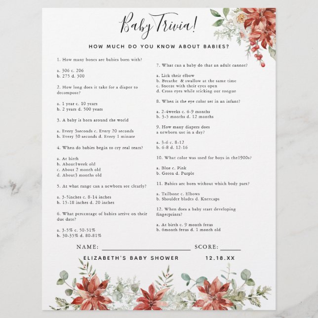 Papier Bébé Trivia | Jeu Baby shower (Devant)