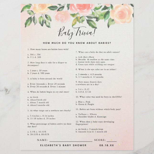 Papier Bébé Trivia | Jeu Baby shower (Devant)