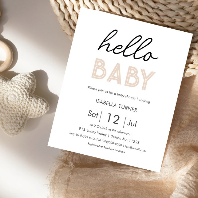 Papier Beige neutre Bonjour bébé | Invitation Baby shower (Créateur téléchargé)