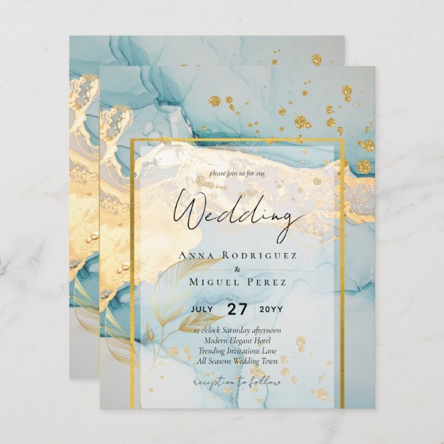 Papier Belle Mer Verre Gold Mariage Inviter Turquoise (Devant / Derrière)
