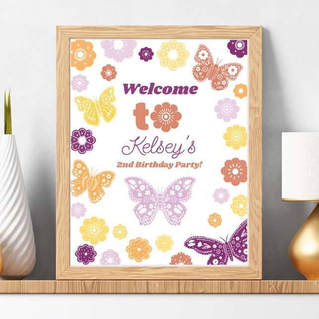 Papier Beurre rétrospectif encadré Bienvenue (Frameable Retro Butterfly Birthday Party Welcome Sign)