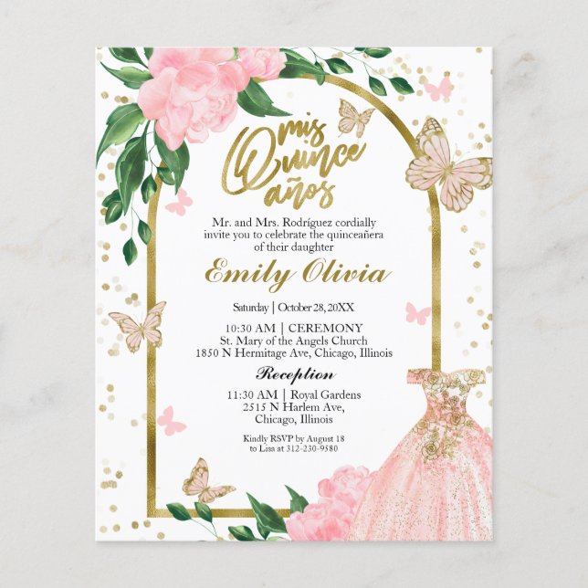Papier Bilingue Quinceanera Papillons Budget Invitation (Devant)