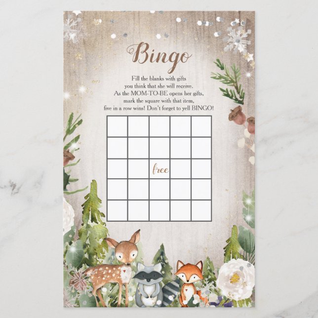 Papier Bingo Baby shower Animaux d'hiver Bois (Devant)