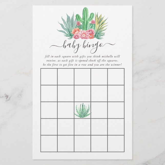 Papier Bingo Baby shower des succulents aquarelles (Devant)
