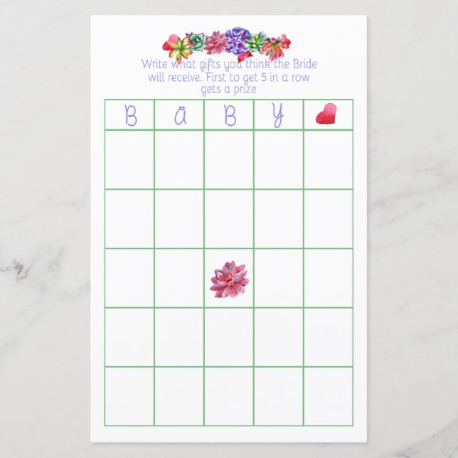 Papier Bingo bébé Baby shower succulent (Devant)