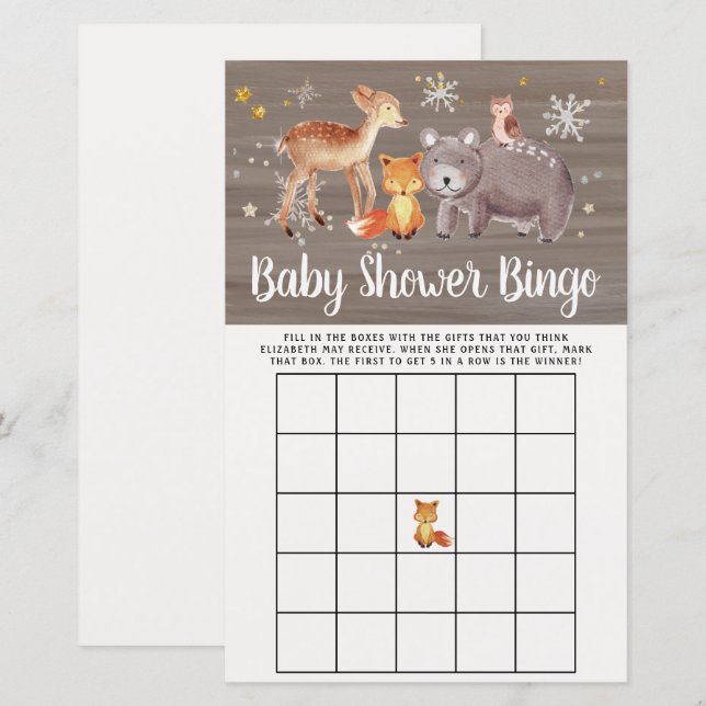 Papier Bingo Bébé Hiver Bois Animaux Jeu de douche (Devant / Derrière)