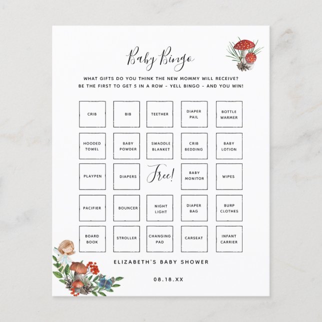 Papier Bingo bébé | Jeu de Baby shower de fées enchantées (Devant)