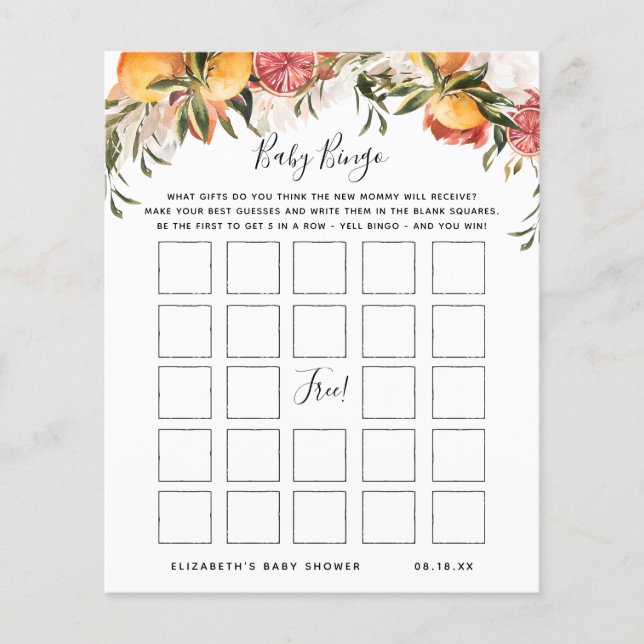 Papier Bingo bébé | Jeu de Baby shower floral (Devant)
