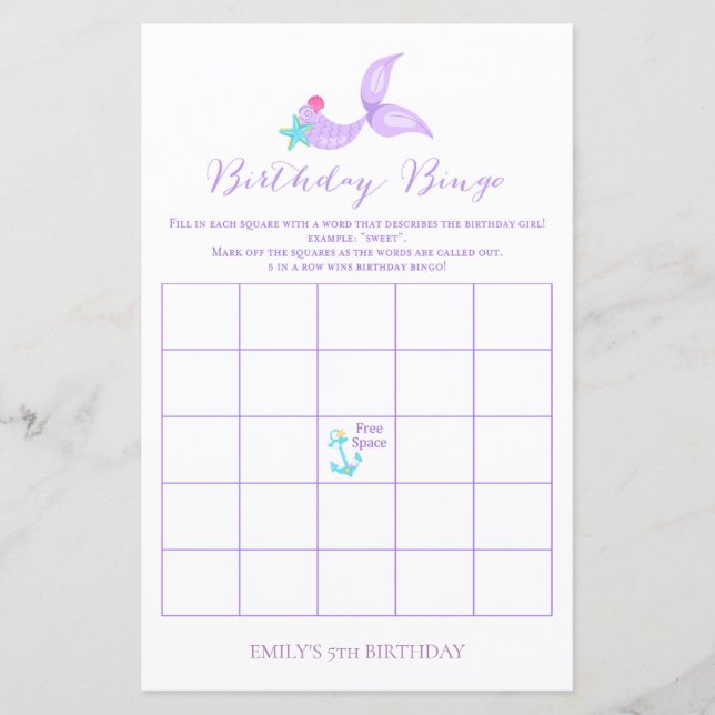 Papier Bingo d'anniversaire de la sirène (Devant)