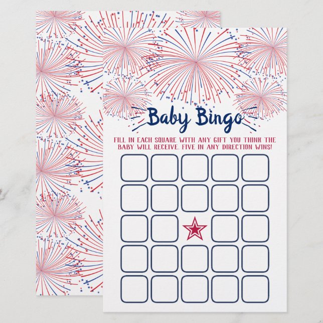Papier Bingo de Baby shower rouge, blanc et bleu 4 juille (Devant / Derrière)