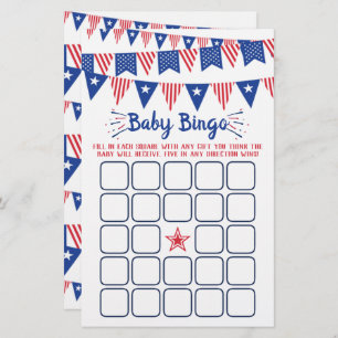 Papier Bingo de Baby shower rouge, blanc et bleu 4 juille