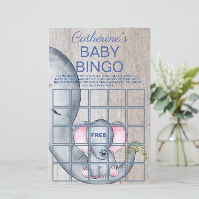 Papier Bingo de Baby shower rustique à base d'éléphant do (Debout devant)