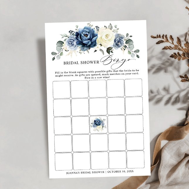 Papier Bingo de Fête des mariées Champagne de la marine b (Dusty Blue Navy Champagne Bridal Shower Bingo game)