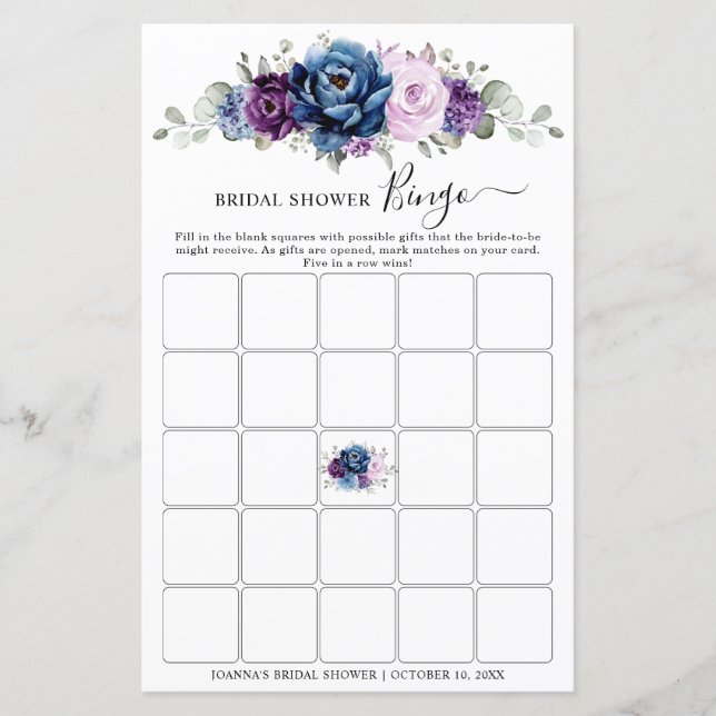 Papier Bingo de Fête des mariées Lilac de la marine bleu  (Devant)