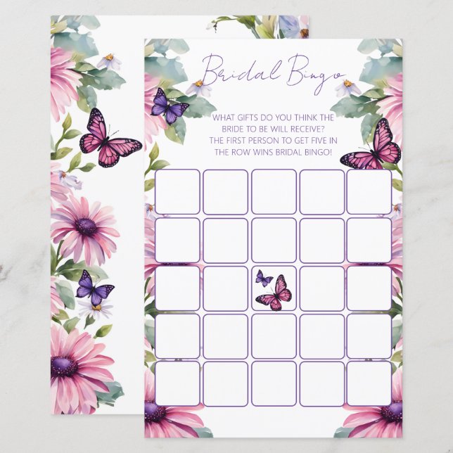 Papier Bingo de la douche de mariée papillons (Devant / Derrière)