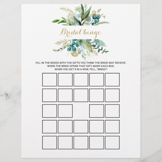Papier Bingo de la mariée Gold & Eucalyptus, jeu de Fête  (Devant)