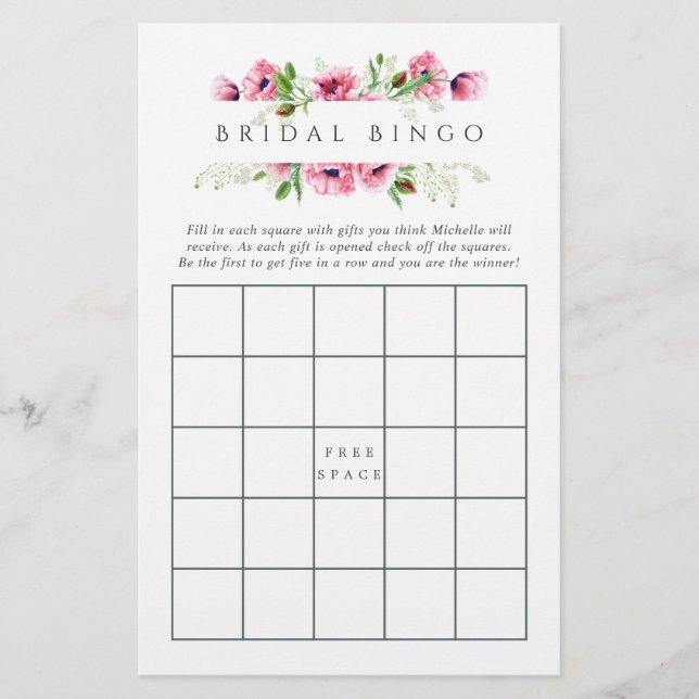 Papier Bingo de Lancer de Mariage Fleurs d'Aquarelle Rose (Devant)