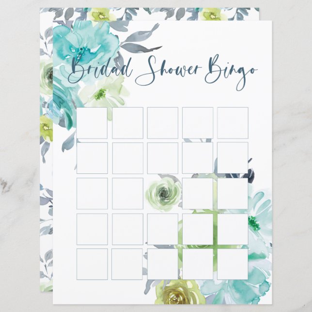 Papier Bingo de mariage floral bleu clair jaune vert (Devant / Derrière)