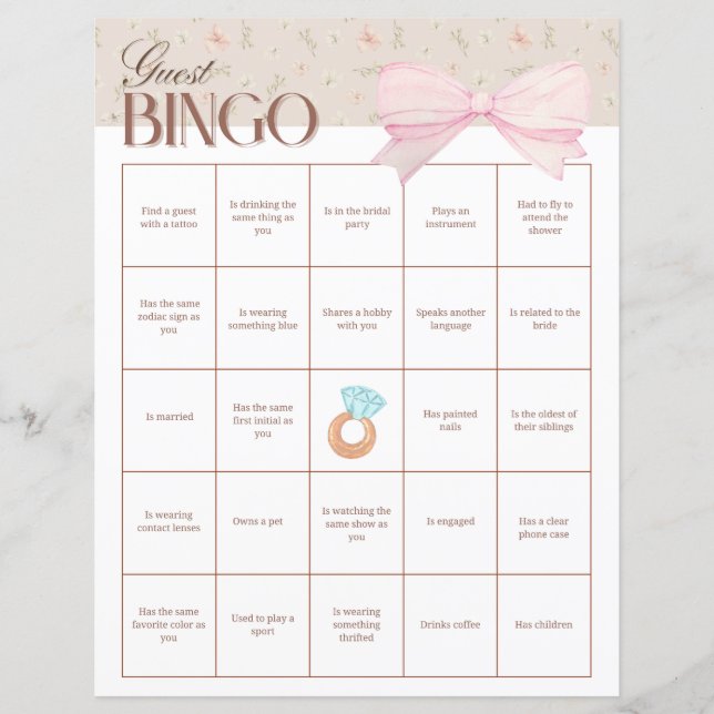 Papier Bingo des invitées à la fête de mariage (Devant)