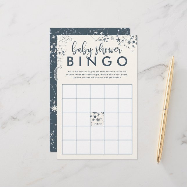 Papier Bingo du Baby shower de nuit bleu étoilé (Devant/Arrière en situation)