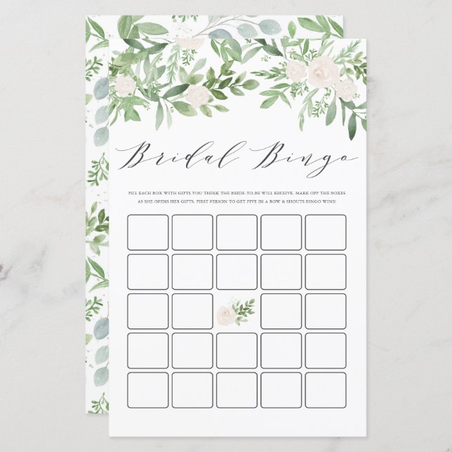 Papier Bingo Fête des mariées de fleurs vertes et blanche (Devant / Derrière)
