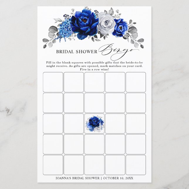 Papier Bingo Fête des mariées Florale Bleu Blanc Argent R (Devant)