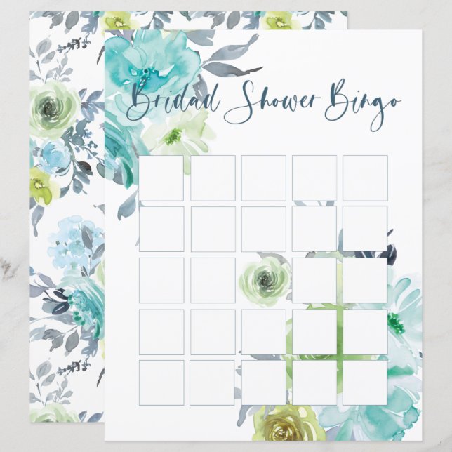 Papier Bingo Fête des mariées Florale bleu clair jaune ve (Devant / Derrière)