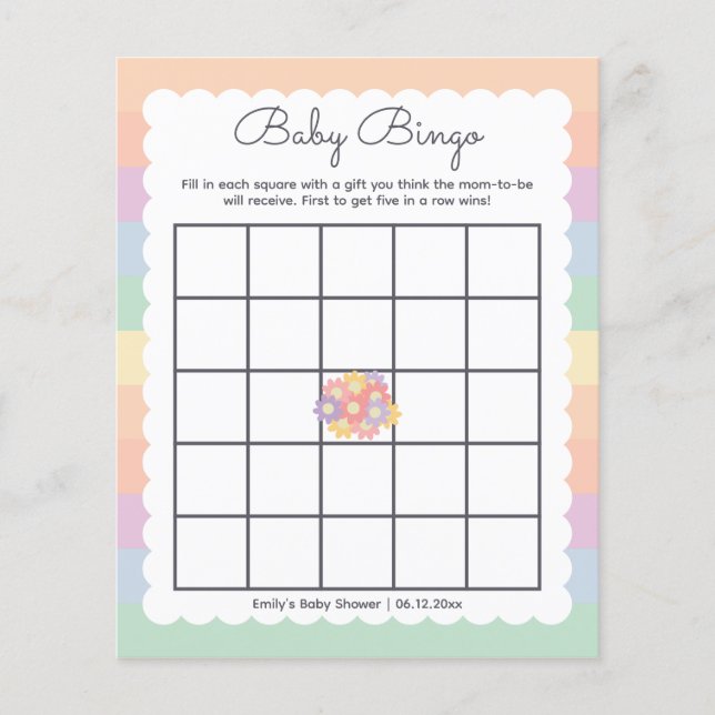 Papier Bingo Fleurs Arc-en-ciel pour Baby Shower Genre Ne (Devant)