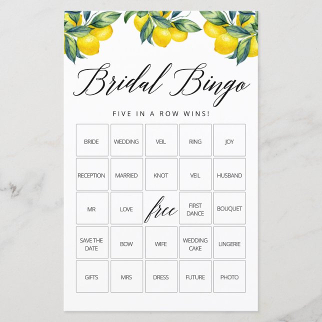 Papier Bingo Game Card Lemon Fête des mariées Thème (Devant)
