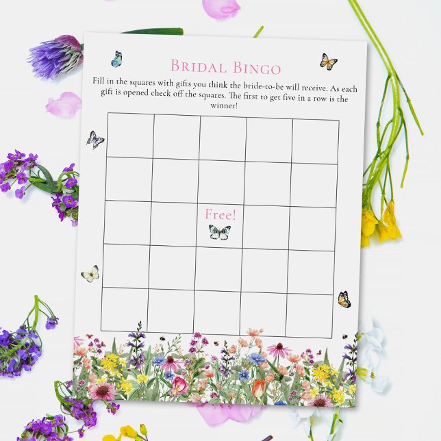 Papier Bingo nuptiale | Fleurs sauvages et papillons d'ét (Créateur téléchargé)