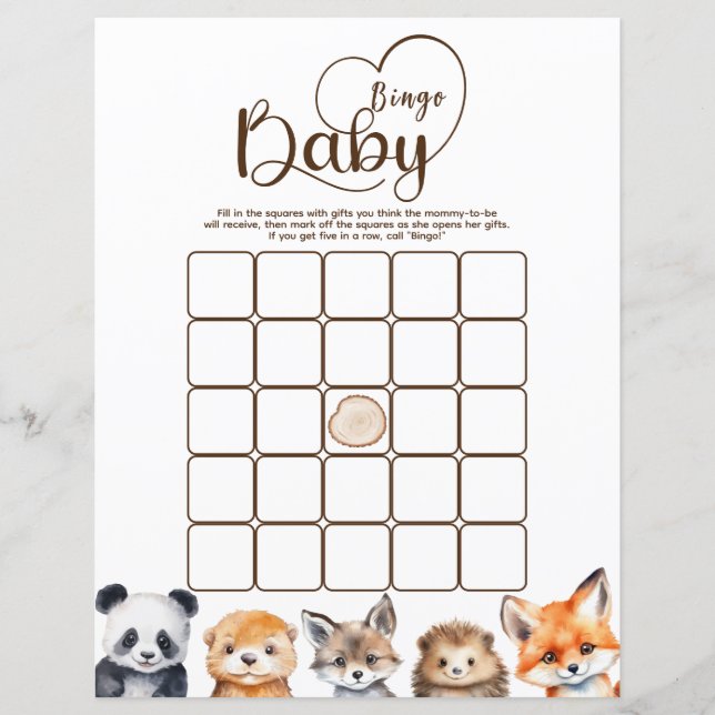 Papier Bingo Woodland Animaux Baby shower Jeu (Devant)