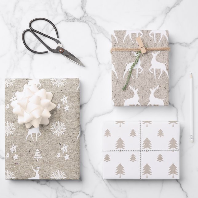 Papier Birch Kraft Moderne Arbre de Noël & Rennes (Recto)