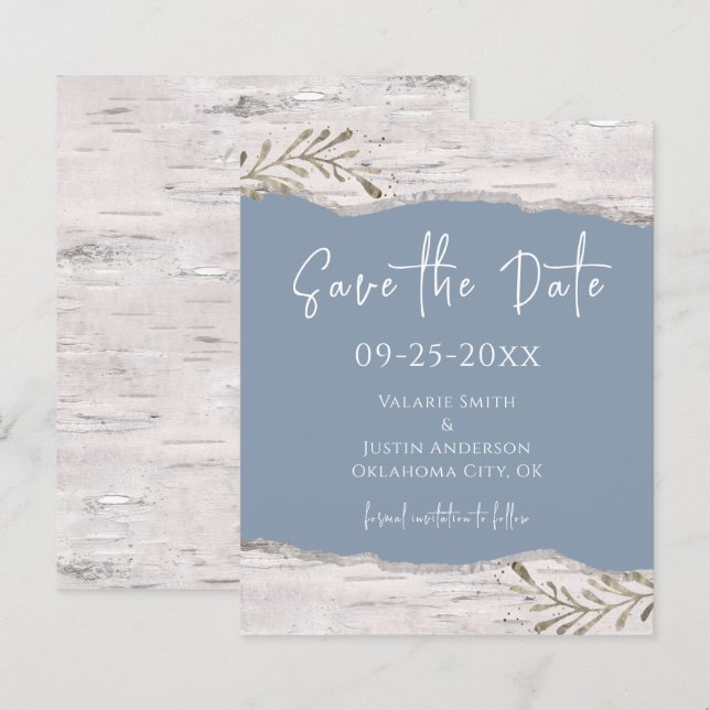 Papier Birch Wood Dust Blue Wedding Enregistrer la date (Devant / Derrière)