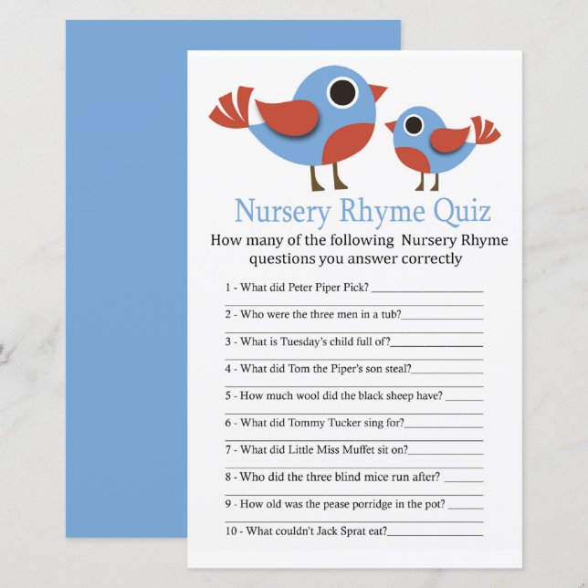 Papier Bird Nursery Rhyme Quiz jeu de baby shower (Devant / Derrière)