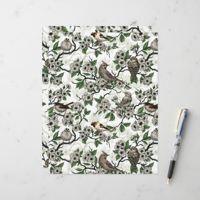 Papier Birds and cherry blossom on white (Devant/Arrière en situation)