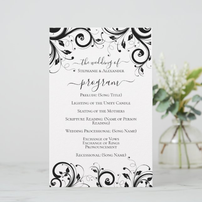 Papier Black and White Festive Swirl Wedding Program (Debout devant)