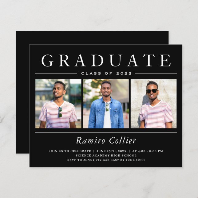 Papier Black Blanc moderne 3 Invitations de graduation ph (Devant / Derrière)