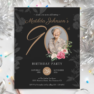 Papier Black Budget Floral 90e Invitation anniversaire