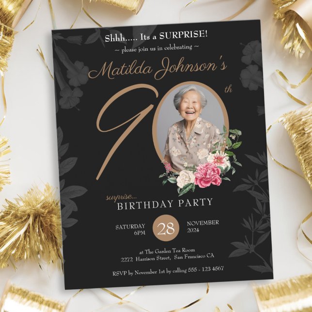 Papier Black Budget Surprise 90e anniversaire Invitation (Black Budget Surprise 90th Birthday Invitation)